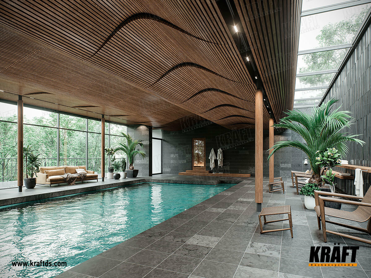 Дизайнерский подвесной потолок из кубообразной рейки KRAFT с текстурой дерева на гибкой траверсе с эффектом волны